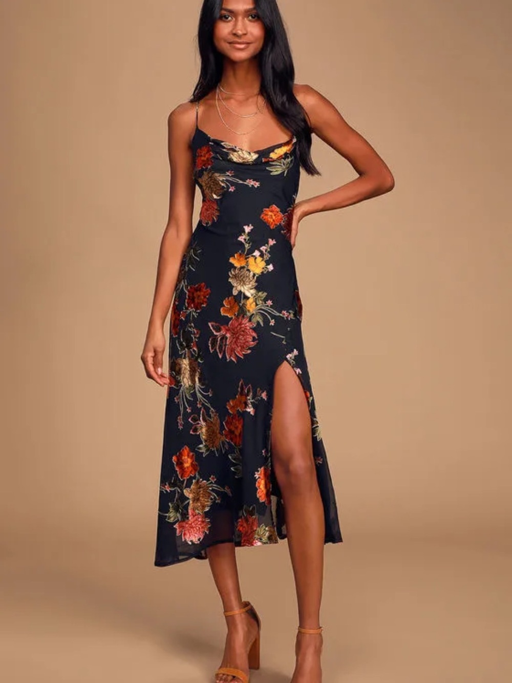 ASTR the Label Gaia Black Floral Print Satin Cowl Neck MIDI Dress